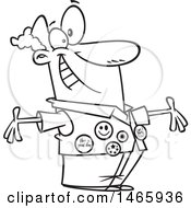 Clipart Of A Cartoon Lineart Happy Store Greeter Man Wearing Buttons On His Vest Royalty Free Vector Illustration
