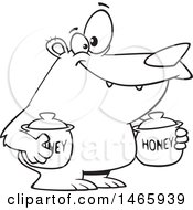 Clipart Of A Cartoon Lineart Bear Carrying Honey Jars Royalty Free Vector Illustration