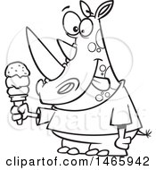 Clipart Of A Cartoon Lineart Rhinoceros Holding An Ice Cream Cone And Licking His Lips Royalty Free Vector Illustration