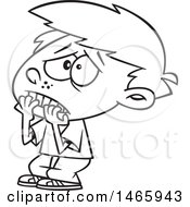 Clipart Of A Cartoon Lineart Scared Boy Biting His Finger Nails Royalty Free Vector Illustration