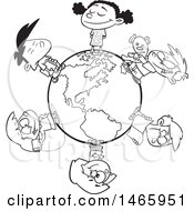 Clipart Of A Cartoon Lineart Circle Of Children On A Small World Royalty Free Vector Illustration