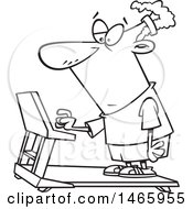 Clipart Of A Cartoon Lineart Unenthused Man Setting A Treadmill For A Workout Royalty Free Vector Illustration