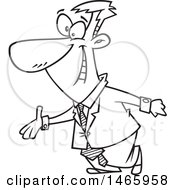 Clipart Of A Cartoon Lineart Welcoming Business Man Holdig Out A Hand Royalty Free Vector Illustration