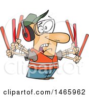 Cartoon Stressed White Male Traffic Controller Waving Wands