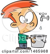 Cartoon White Boy Holding A Pail Under A Faucet Drop In The Bucket