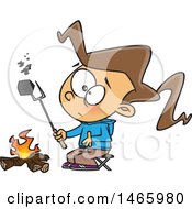 Clipart Of A Cartoon White Girl Looking At A Blackened Marshmallow By A Campfire Royalty Free Vector Illustration