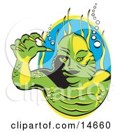 Poster, Art Print Of Green Swamp Monster With Yellow Talons And Scaly Skin Breathing Underwater With Bubbles And Aquatic Plants Clipart Illustration