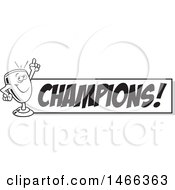 Clipart Of A Black And White Trophy Cup Mascot Holding Up A Finger By A Champions Banner Royalty Free Vector Illustration by Johnny Sajem