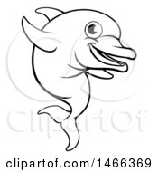 Clipart Of A Black And White Happy Cute Dolphin Jumping Royalty Free Vector Illustration by AtStockIllustration