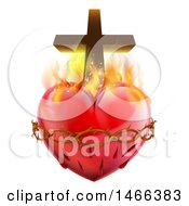 Poster, Art Print Of 3d Sacred Heart With Fire Thorns And A Cross