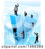 Clipart Of A 3d Blue Bar Graph With Silhouetted Business Men Competing To Reach The Top Royalty Free Vector Illustration