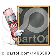 Clipart Of A Happy Red Writing Pencil Pointing To A Black Board Royalty Free Vector Illustration