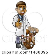 Poster, Art Print Of Cartoon Happy Black Male Veterinarian Giving A Thumb Up And Standing With A Dog And Cat