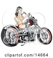 Sexy Topless Brunette Woman In A Red Thong Stockings And Heels Looking Back Over Her Shoulder And Holding A Wrench While Sitting On A Motorcycle Clipart Illustration