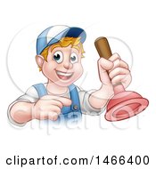 Clipart Of A Cartoon Happy White Male Plumber Holding A Plunger And Pointing Royalty Free Vector Illustration