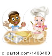 Clipart Of A Cartoon Happy Black Boy And White Girl Baking Star Shaped Cookies Royalty Free Vector Illustration