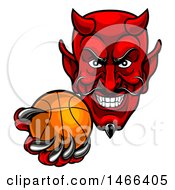 Clipart Of A Grinning Evil Red Devil Holding Out A Basketball In A Clawed Hand Royalty Free Vector Illustration by AtStockIllustration