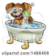 Poster, Art Print Of Cartoon Happy Puppy Dog Holding A Brush And Soaking In A Bubble Bath