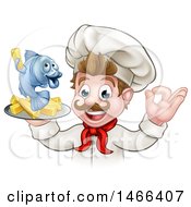 Poster, Art Print Of Cartoon White Male Chef Gesturing Ok And Holding A Fish And Chips On A Tray
