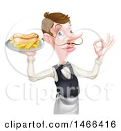Poster, Art Print Of White Male Waiter With A Curling Mustache Holding A Hot Dog And Fries On A Platter And Gesturing Ok