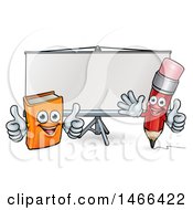 Clipart Of A Cartoon Red Pencil And Orange Book In Front Of A Projector Screen Royalty Free Vector Illustration by AtStockIllustration