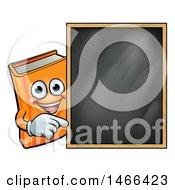 Clipart Of A Happy Orange Book Mascot Pointing Around A Black Board Royalty Free Vector Illustration