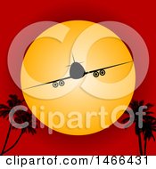Clipart Of A Silhouetted Airplane Against A Sunset In A Red Sky With Palm Trees Royalty Free Vector Illustration