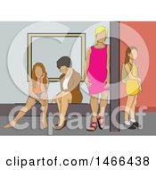 Clipart Of A Group Of Women And A Girl At A Bus Stop Royalty Free Vector Illustration
