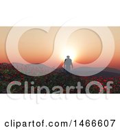 Poster, Art Print Of 3d Soldier Walking Through A Poppy Field At Sunset