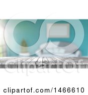 Clipart Of A 3d Distressed White Wood Table Top In A Blurred Room Royalty Free Illustration