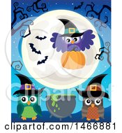 Group Of Witch Owls With A Cauldron And Pumpkin Under A Full Moon