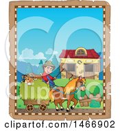 Clipart Of A Parchment Border Of A Farmer And Horse Cart Royalty Free Vector Illustration