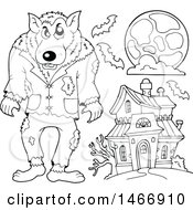 Poster, Art Print Of Black And White Werewolf And Haunted House