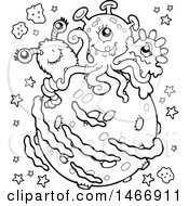 Clipart Of A Black And White Planet With Aliens Royalty Free Vector Illustration