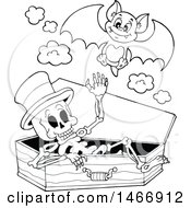Poster, Art Print Of Black And White Skeleton In A Coffin And Vampire Bat