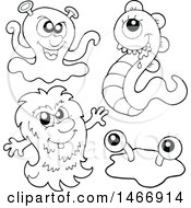 Clipart Of Black And White Monsters Or Aliens Royalty Free Vector Illustration