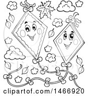 Clipart Of Black And White Happy Kites Royalty Free Vector Illustration