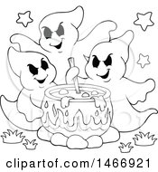 Clipart Of A Black And White Group Of Ghosts Stirring A Cauldron Royalty Free Vector Illustration