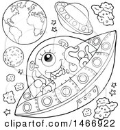 Clipart Of A Black And White Alien Flying A Ufo Royalty Free Vector Illustration