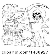Poster, Art Print Of Black And White Grim Reaper And Haunted House