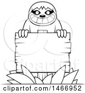 Clipart Of A Lineart Happy Sloth Over A Blank Wood Sign Royalty Free Vector Illustration