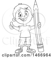 Poster, Art Print Of School Boy Giving A Thumb Up And Holding A Giant Pencil Black And White