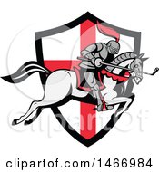 Poster, Art Print Of Horseback Knight Leaping Over An English Flag Shield With A Golf Club In Hand