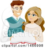 Clipart Of A Teen Couple Wearing Glasses And Reading A Book Royalty Free Vector Illustration