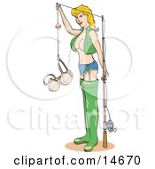 Sexy Blond Woman In Fishing Gear Holding Up Her Bra In A Hook Clipart Illustration
