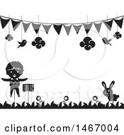 Black And White Stick Puppet And Rabbit Under A Banner