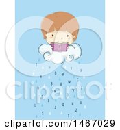 Poster, Art Print Of Sketched Boy Reading A Book On A Rain Cloud With Letters
