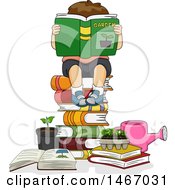 Poster, Art Print Of Brunette Boy Reading A Garden Book On A Stack Of Books