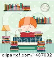 Poster, Art Print Of Red Haired Boy Reading A Book In A Library