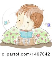 Poster, Art Print Of Sketched Boy Sitting On A Log And Reading A Book With Butterflies